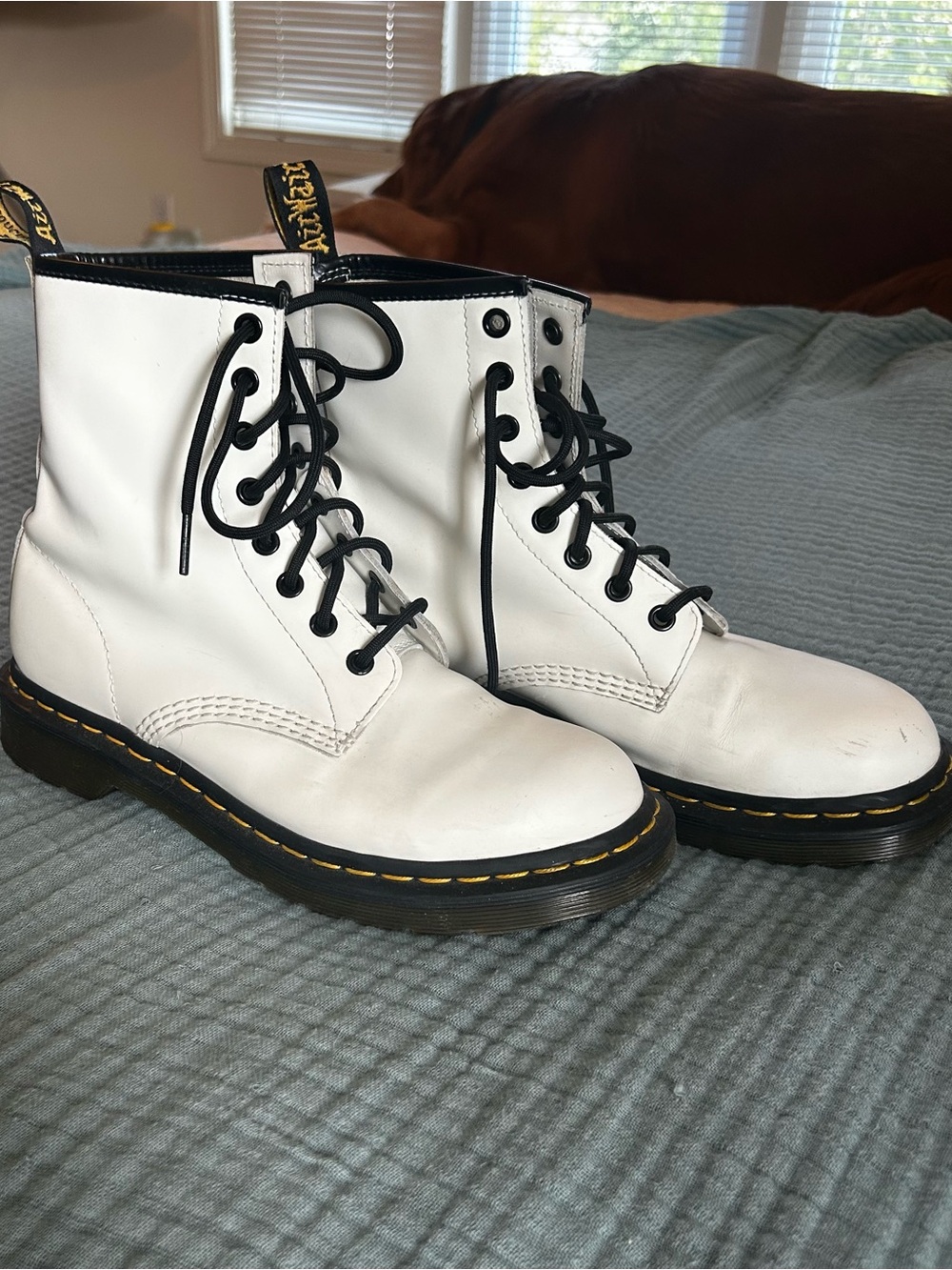 Iconic Doc Martens 1460 Smooth White Leather Combat Laceup Boots w/ Black Laces